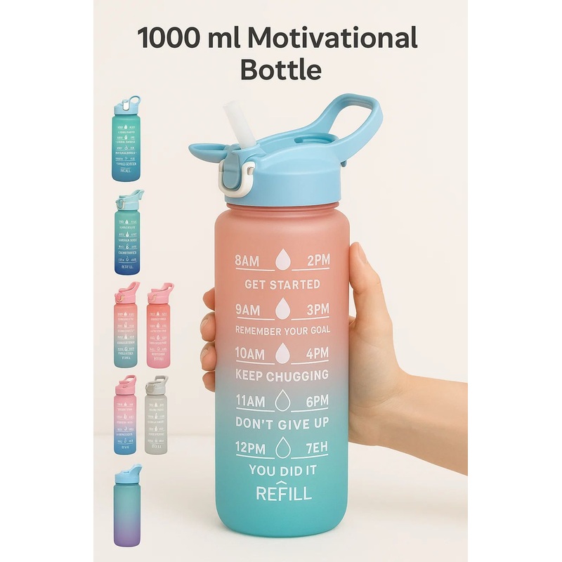 1000ml Motivational Water Bottle With Straw Time Marker, Leak-Proof Drink Bottle BPA Free Non-Toxic Tritan Material 1 Click Open for Running Gym, Garden Walk, School