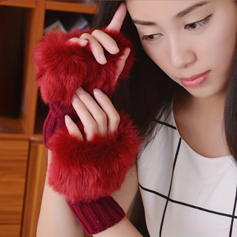 1 Pair Autumn And Winter Warm Gloves, Women’s Half-Finger Gloves, Plush Lined Gloves