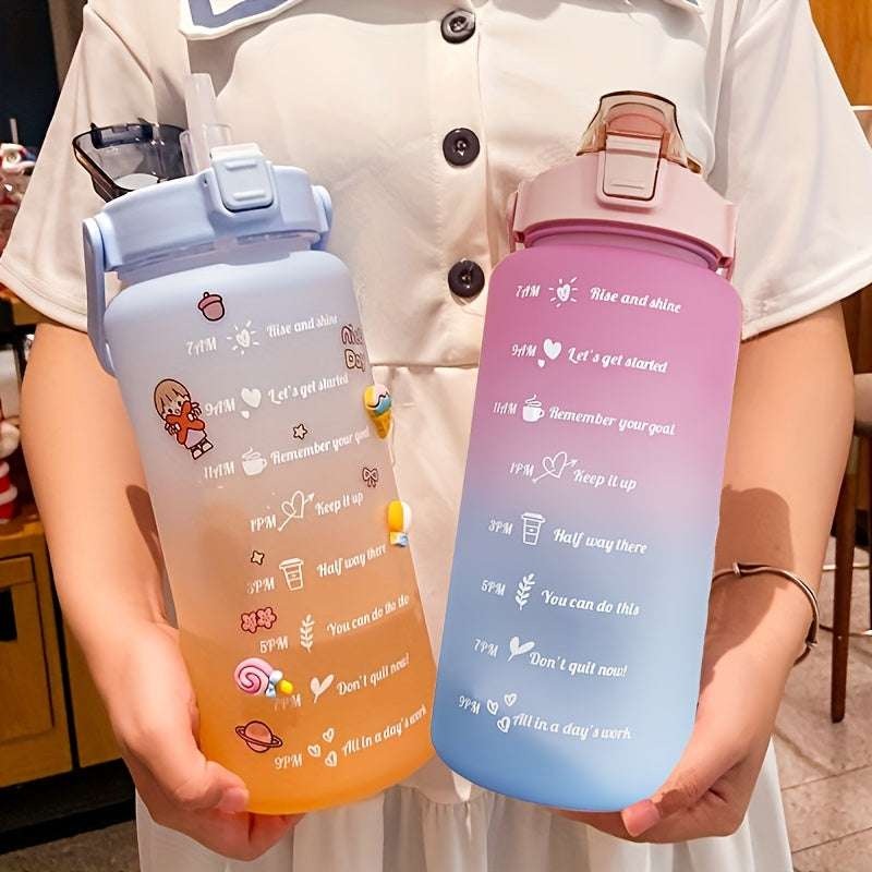1pc 2000 ml Large-Capacity Gradient Water Bottle BPA-Free, Leak-Proof, with Motivational Phrases & Straw – Perfect for Fitness, Sports, Outdoor Activities – Portable, Easy to Carry