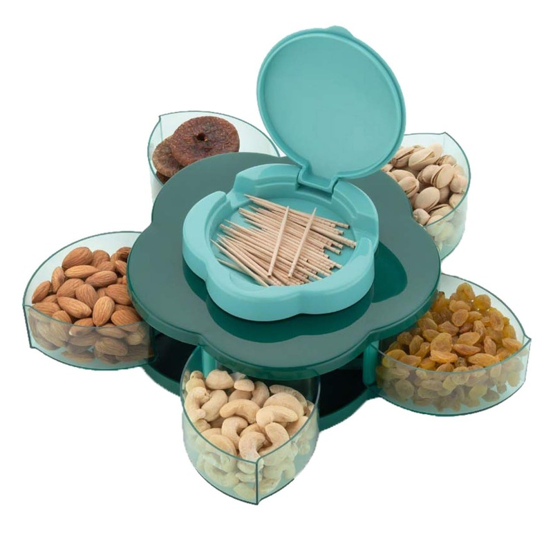 1 pc Flower Candy Box Serving Rotating Tray Masala Box with Mobile Phone Stand for Home and Kitchen Multi Compartment Spices Storage Tray (Multicolor)