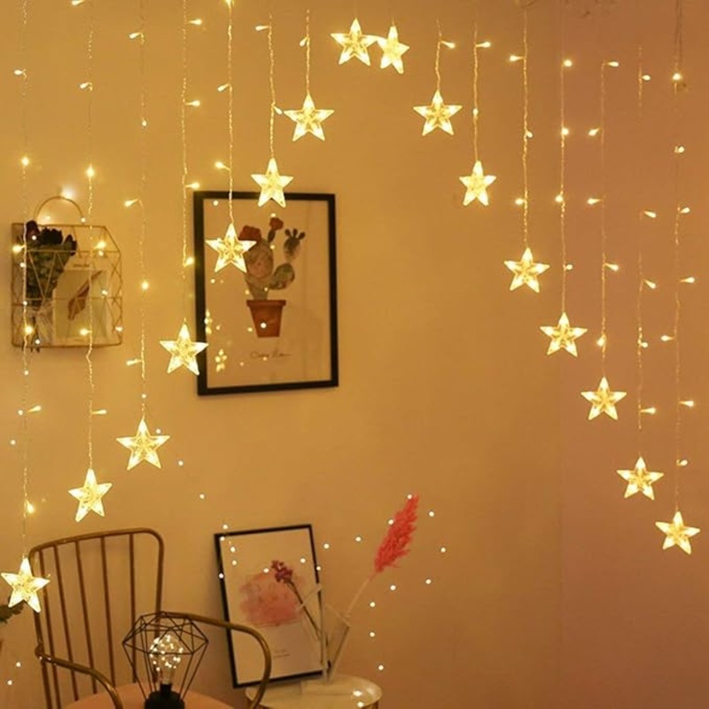 16-Star LED Curtain String Lights  Warm White Hanging Star Fairy Lights for Bedroom, Living Room, Window, or Holiday Decor  USB Powered with 8 Modes