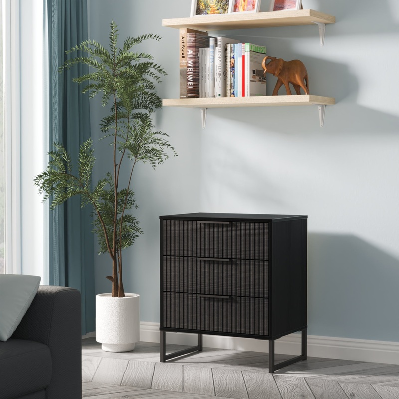 Fluted Chest of Drawers Black 3 Drawers 76cm