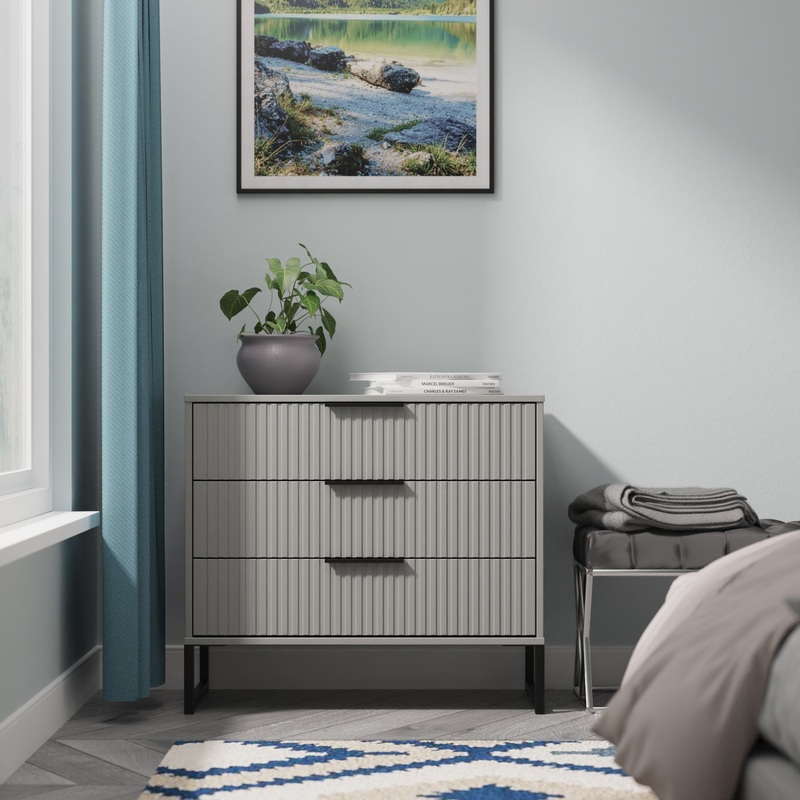 Fluted Chest of Drawers Grey 3 Drawers 77cm