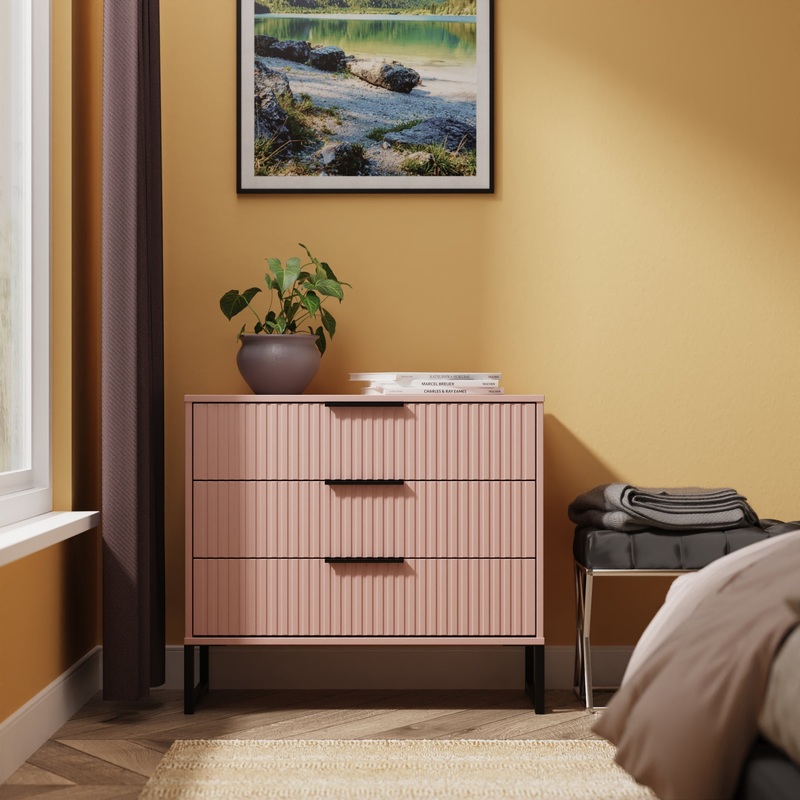 Fluted Chest of Drawers Pink 3 Drawers 77cm