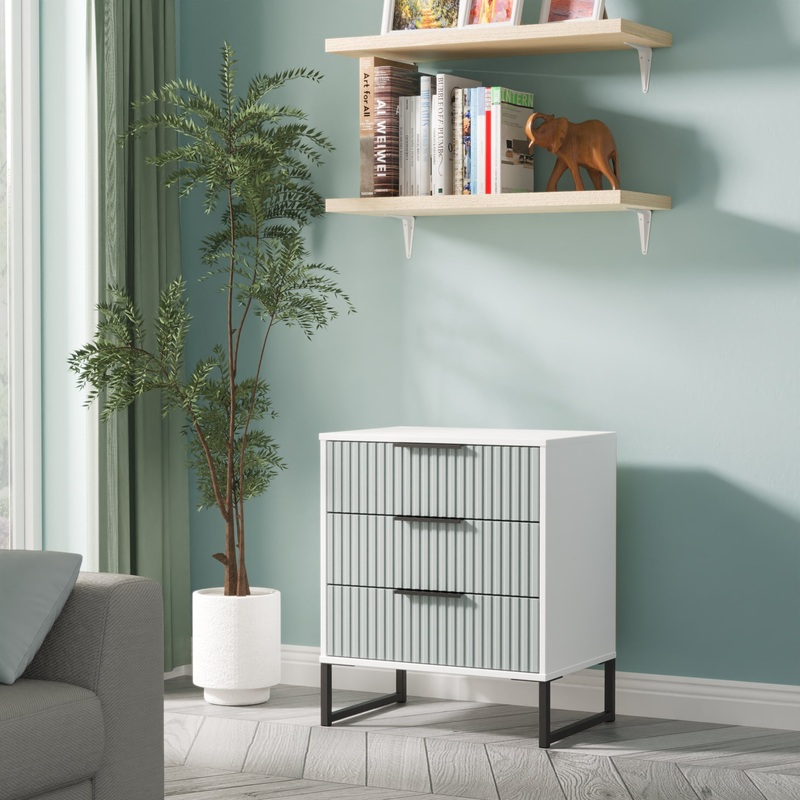Fluted Chest of Drawers Teal & White 3 Drawers 76cm