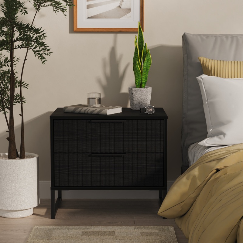 Fluted Side Table Black 2 Drawers 60cm