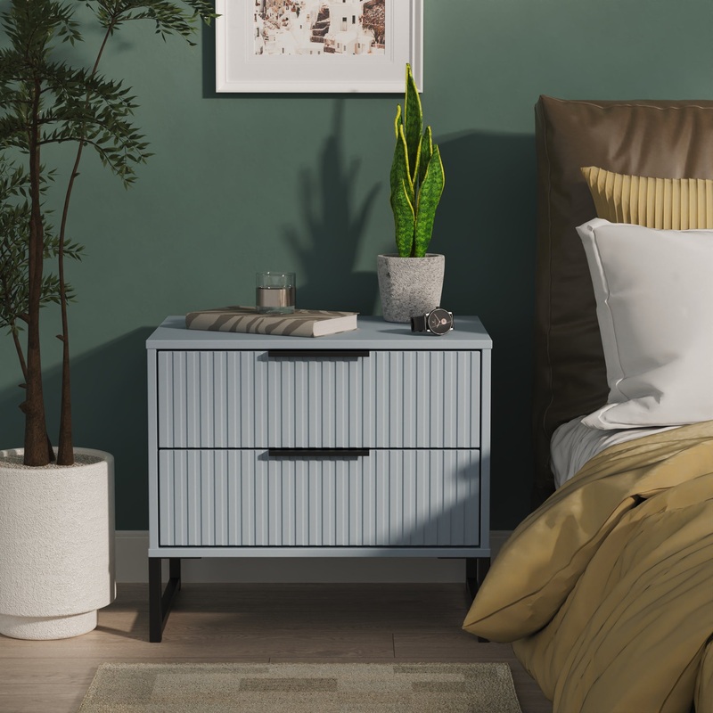 Fluted Side Table Light Blue 2 Drawers 60cm