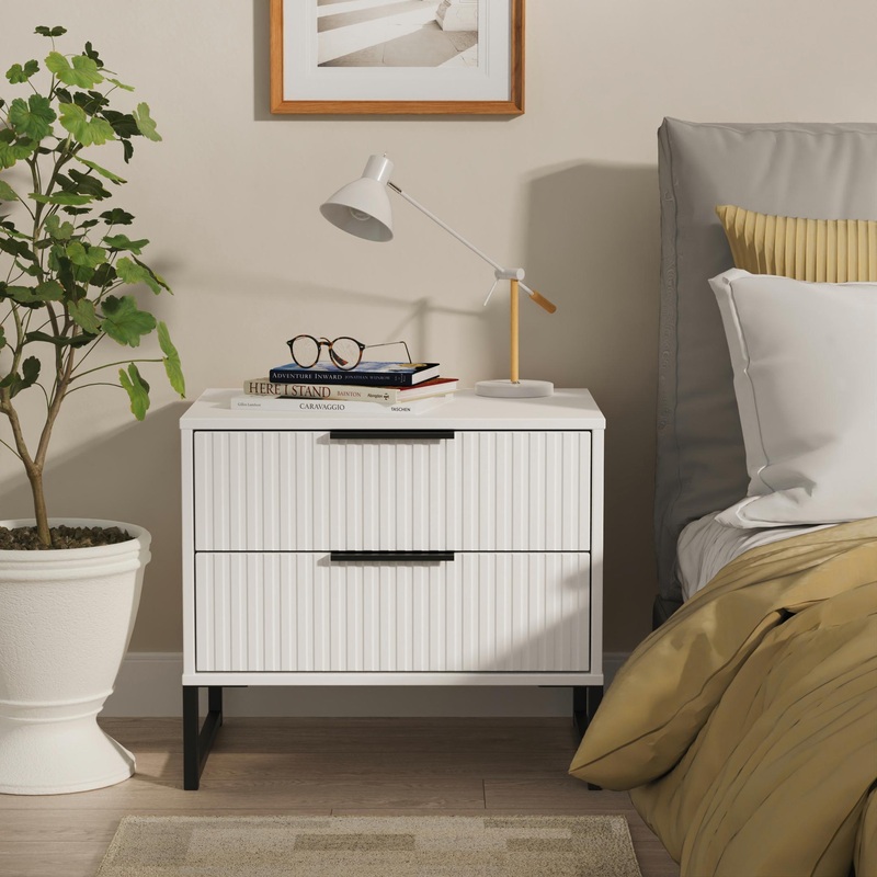 Fluted Side Table White 2 Drawers 60cm