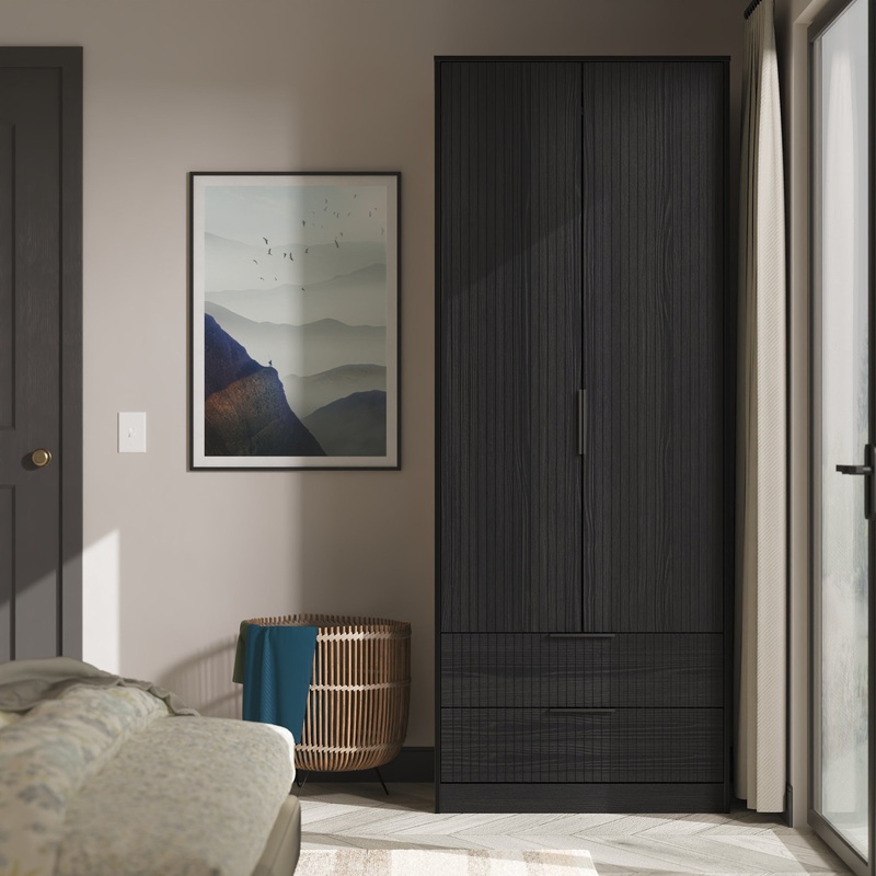 Fluted Tall Wardrobe Black 2 Drawers 197cm