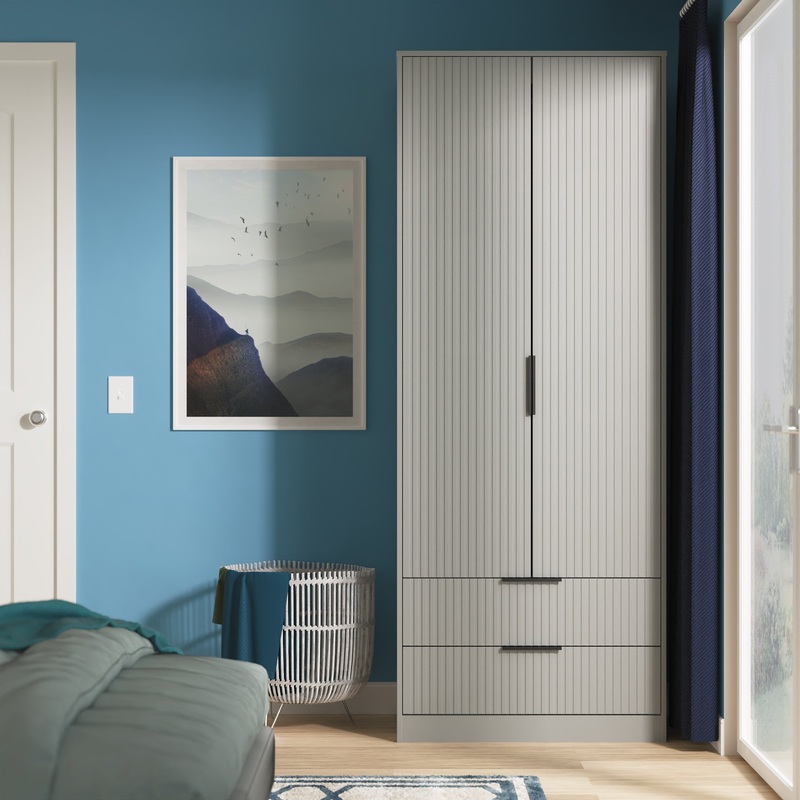 Fluted Tall Wardrobe Grey 2 Drawers 197cm