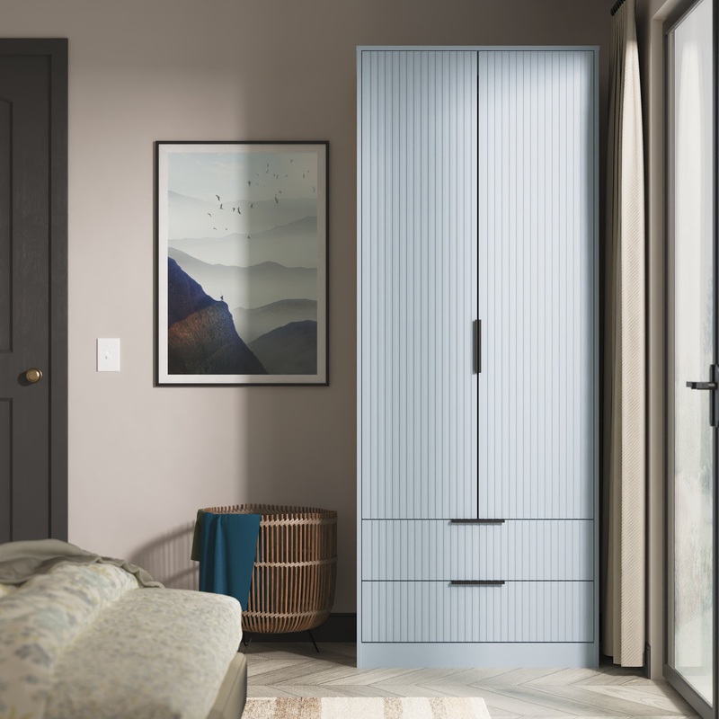 Fluted Tall Wardrobe Light Blue 2 Drawers 197cm