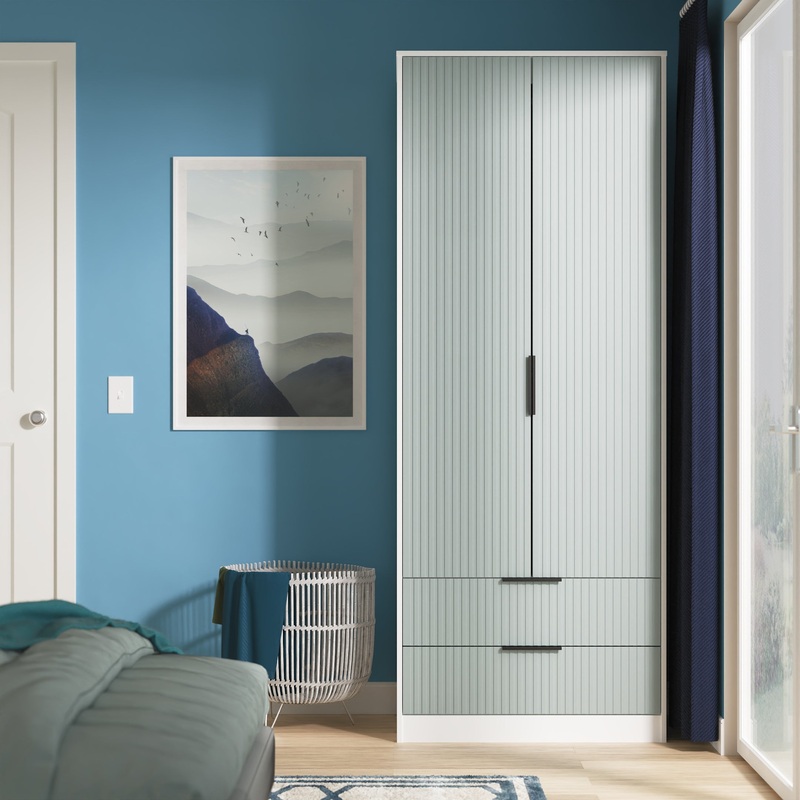 Fluted Tall Wardrobe Teal & White 2 Drawers 197cm