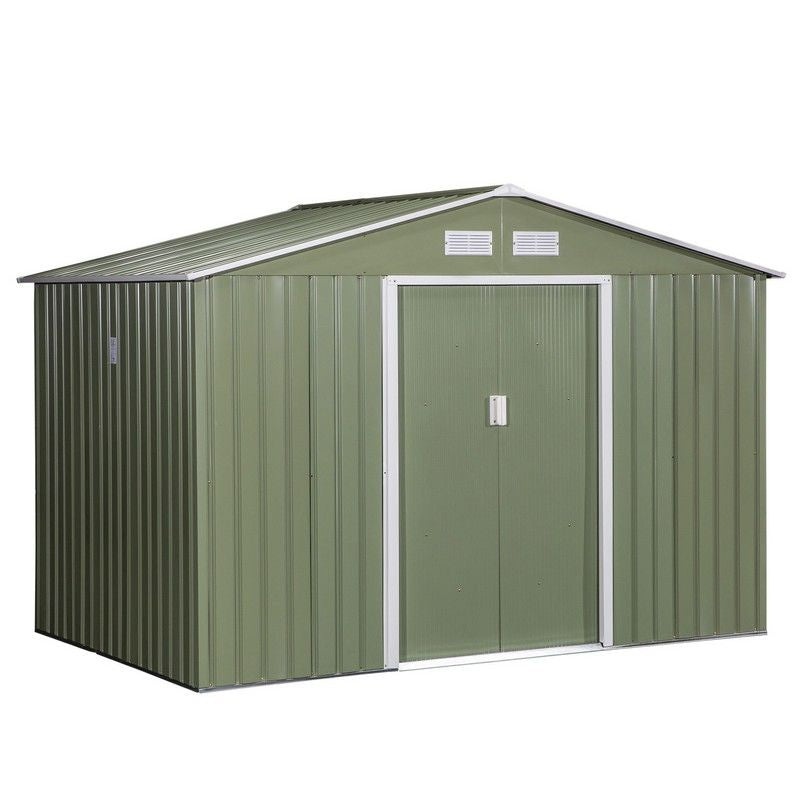 Corrugated 9 x 6′ Double Door Reverse Apex Garden Shed With Ventilation Steel Green by Steadfast