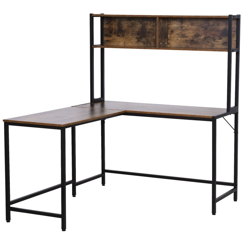 149H x 140L x 125W cm Particle Board Industrial L-Shaped Desk w Shelf – Brown & Black