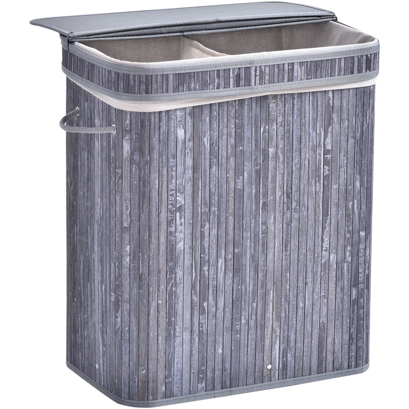 100L Two-Compartment Wooden Laundry Basket  Grey