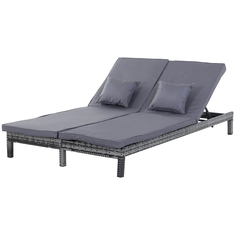 2 Seater Rattan Lounger Adjustable Double Chaise Chair Loveseat w/ Cushion – Grey