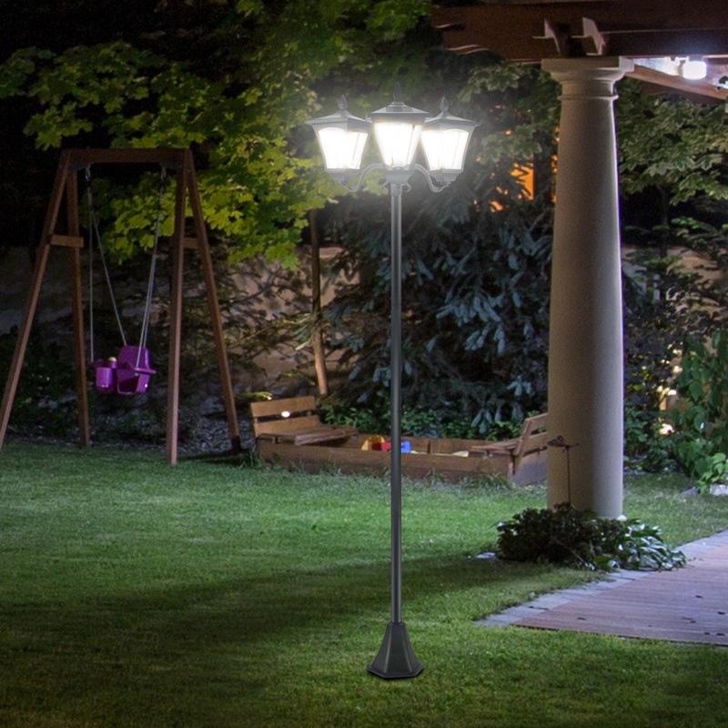1.8m Traditional Victorian Style 3 Way Head Outdoor Garden Solar Post Lamp Sensor Dimmable LED Lantern Bollard Pathway IP44  Black