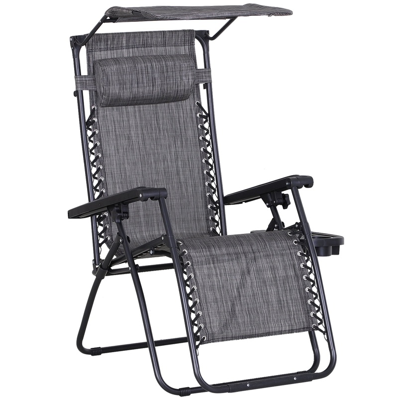 Zero Gravity Garden Deck Folding Chair Texteline Patio Sun Adjustable Lounger Reclining Seat with Cup Holder & Canopy Shade – Grey