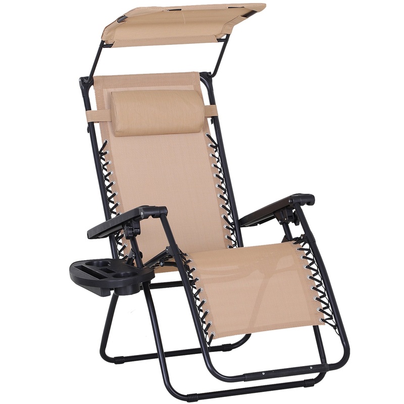 Zero Gravity Garden Deck Folding Chair Texteline Patio Sun Lounger Reclining Seat with Cup Holder & Canopy Shade – Beige