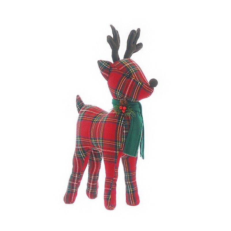 Reindeer Christmas Decoration Red & Green with Tartan Pattern – 38cm