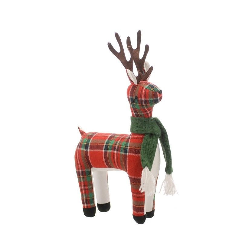 Reindeer Christmas Decoration Red & Green with Tartan Pattern – 40cm
