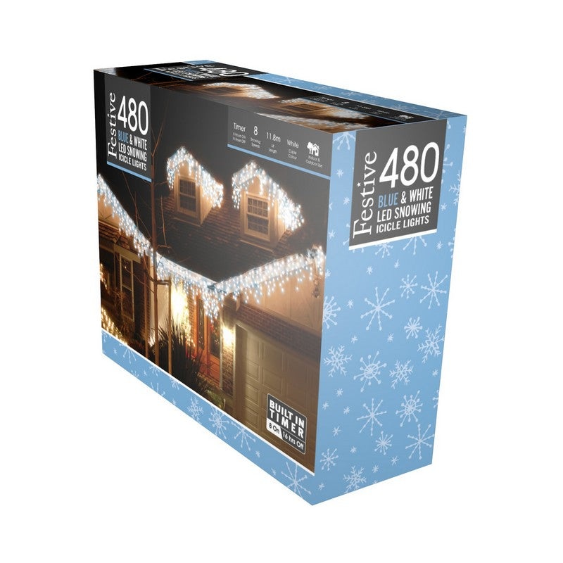 String Icicle Christmas Lights Multifunction Blue & White Outdoor 480 LED – 16 Foot