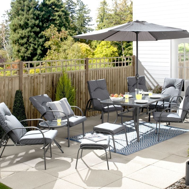 11-Piece Hartwell Garden Patio Dining Set by Croft – 6 Seats Grey Pinstripe Cushions