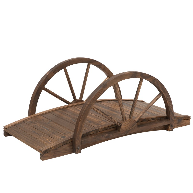 Wooden Garden Bridge Lawn Dcor Stained Finish Arc Outdoor Pond WalkwayYard Decoration Half Wheeled Railings 100L x 50W x 37H cm