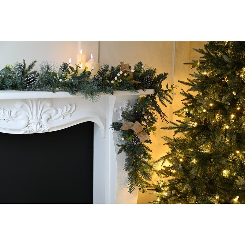 Berries & Pinecones Garland Christmas Decoration White Frosted Green – 180cm