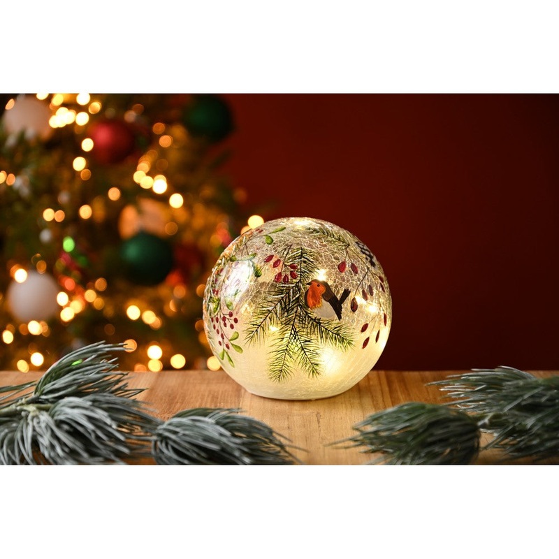 Christmas LED Christmas Robin  &  Berries Crackle Ball – 3.49cm