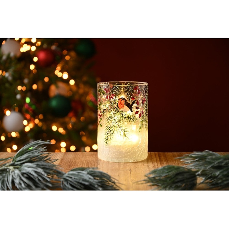 Christmas LED Christmas Robin  &  Berries Crackle Votive – 15cm