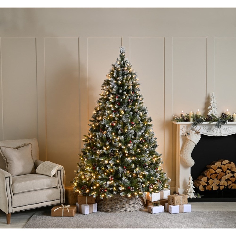 5ft River View Fir Christmas Tree Artificial – White Frosted Green with LED Lights Warm White 720 Tips