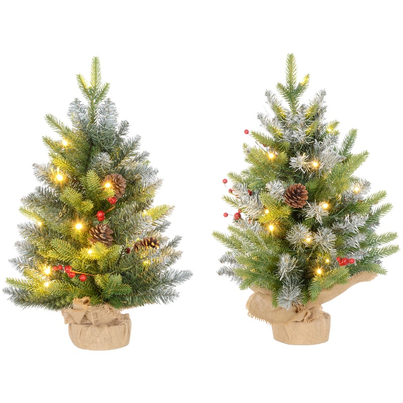 2x 2ft Burlap Base Christmas Tree Artificial – White Frosted Green with LED Lights Warm White 141 Tips