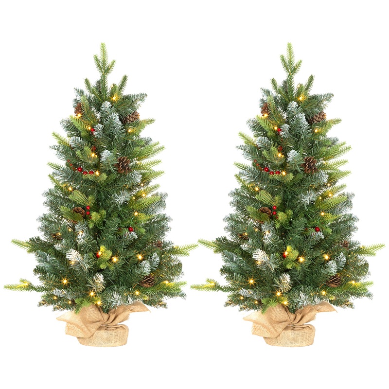 2x 3ft Burlap Base Christmas Tree Artificial – White Frosted Green with LED Lights Warm White 291 Tips