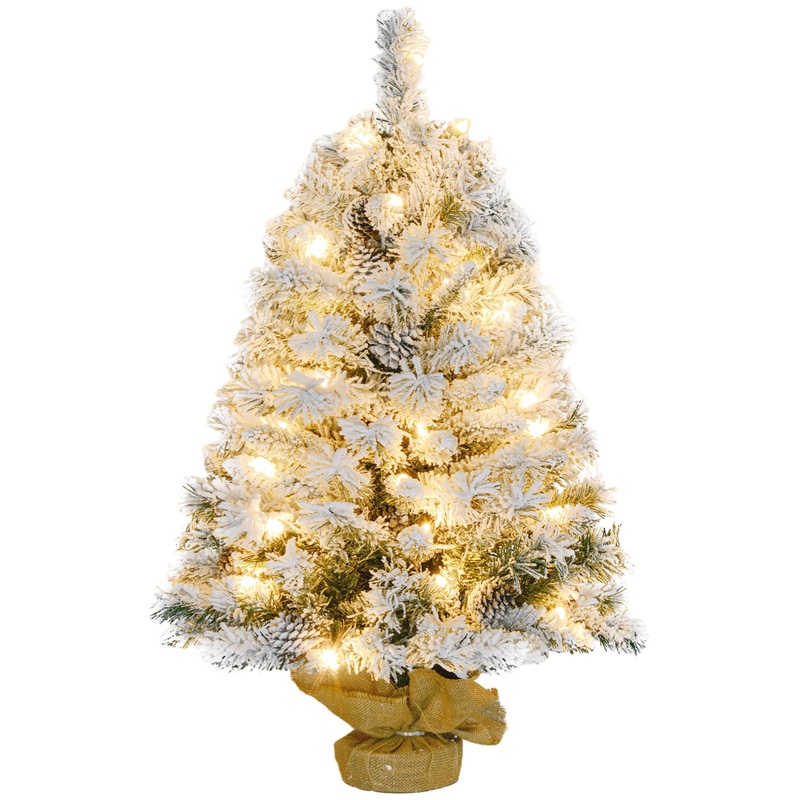 3ft Burlap Base Christmas Tree Artificial – White Frosted Green with LED Lights Warm White 133 Tips
