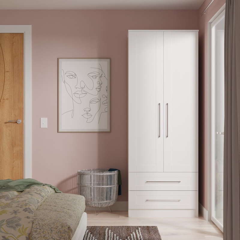 York Tall Wardrobe White 2 Doors 2 Drawers 74cm