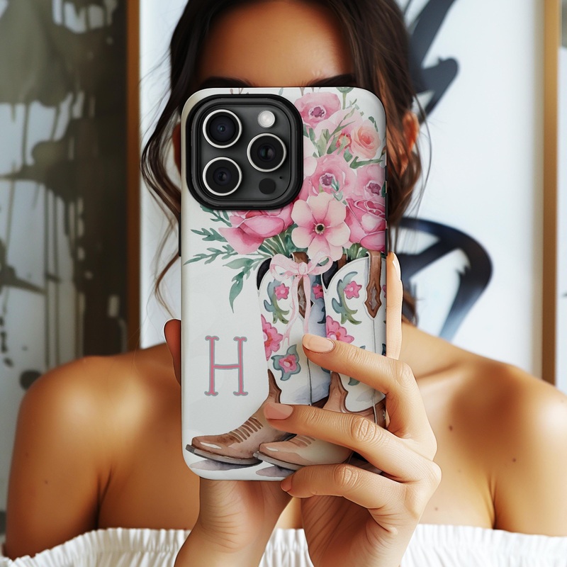 Personalized Cowgirl Floral Boot Initial Phone Case