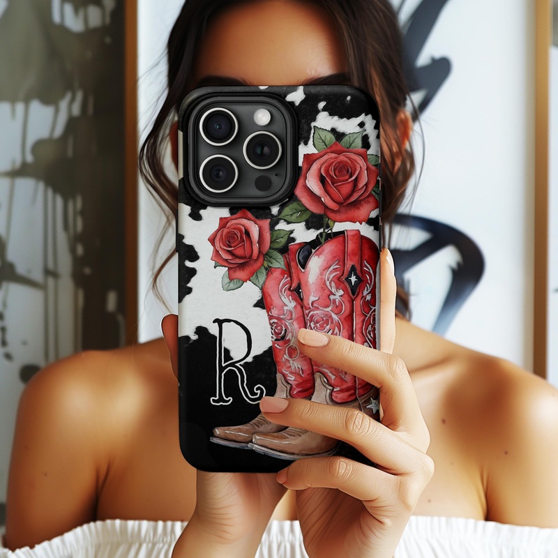 Personalized Red Rose Boot Initial Phone Case