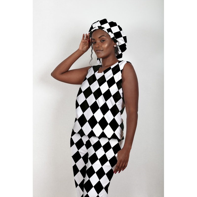Black & White Diamonds – Bamboo Tank Top Pajama Pants Set, With A Matching Satin-Lined Bonnet