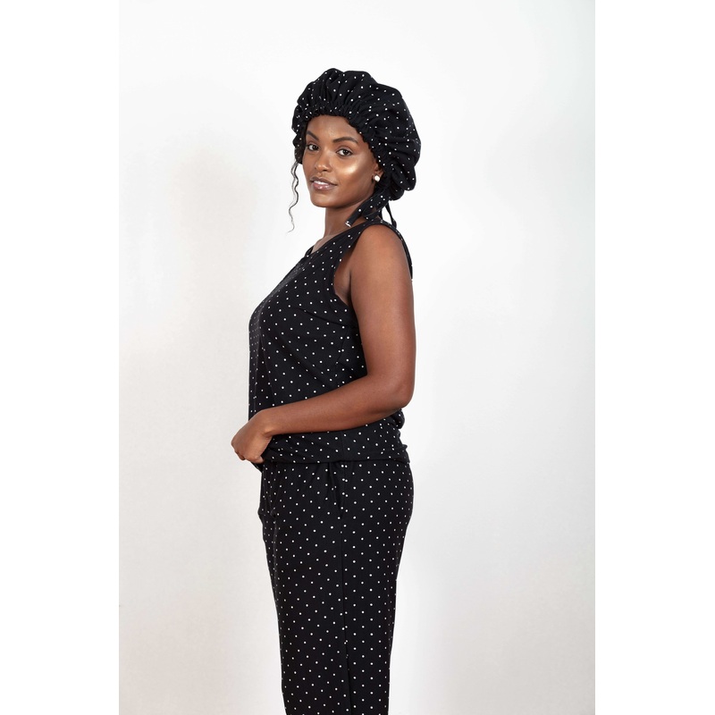Black & White Polka Dot – Bamboo Tank Top, Pajama Pants Set, With A Matching Satin-Lined Bonnet