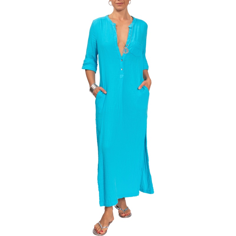Tracey Caftan – Tahiti Blue Cotton Bubble Gauze