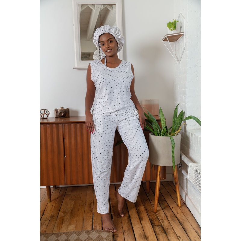 White & Black Polka Dot -Bamboo Tank Top Long Pajama Pants Set, With A Matching Satin-Lined Bonnet