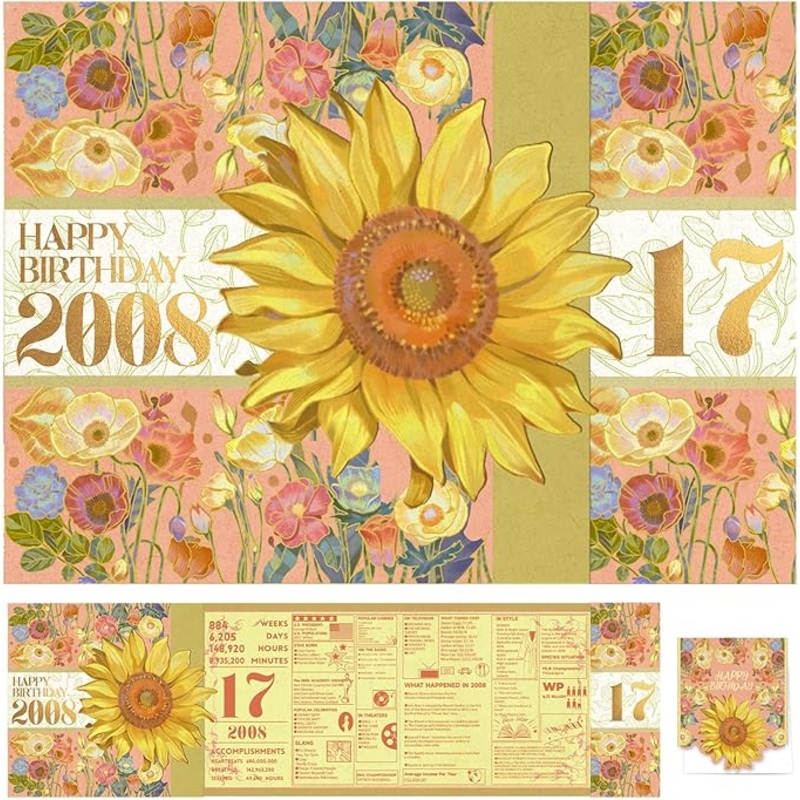 2025 17th Birthday Greeting Card, 17 Years Old Birthday Gift Card, Memory Back In 2008, Sunflower (Envelope)