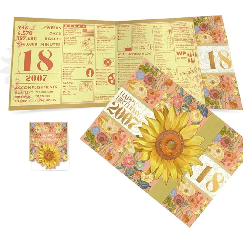 2025 18th Birthday Greeting Card, 18 Years Old Birthday Gift Card, Memory Back In 2007, Sunflower (Envelope)