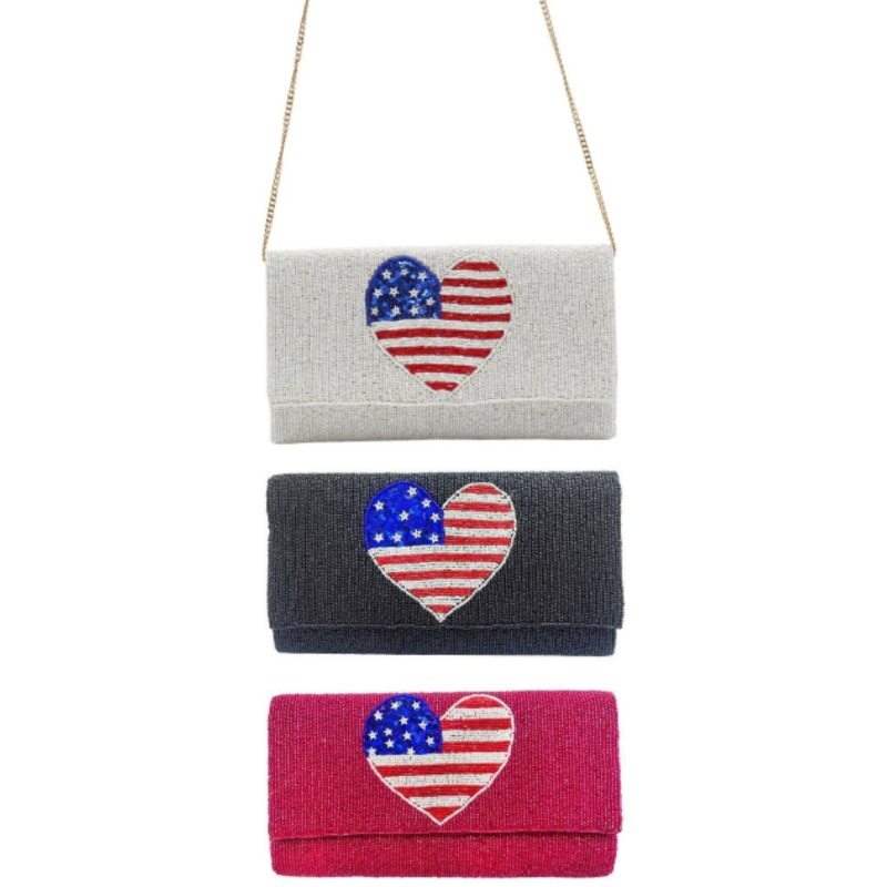 American USA Flag Heart Glass Beaded Clutch Crossbody Bag Purse