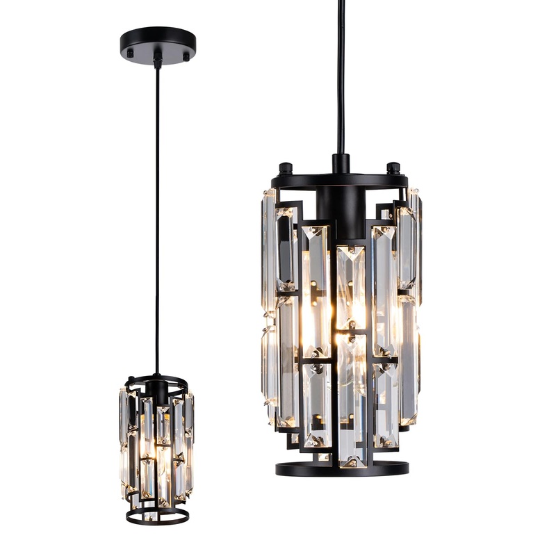 Amico Crystal Pendant Lighting Modern Black Pendant Light, Adjustable Pendant Light Fixture for Kitchen Island Dinning Room Bedroom (Black 1-Light)