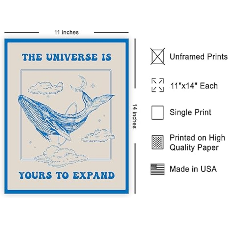 The Universe Is Yours To Expand Poster – Retro Whimsical Whale Print – Preppy Art – Trendy Art – Encouraging Art – Inspiring Bedroom or Living Room Wall Decor – 8×10 UNFRAMED Wall Art