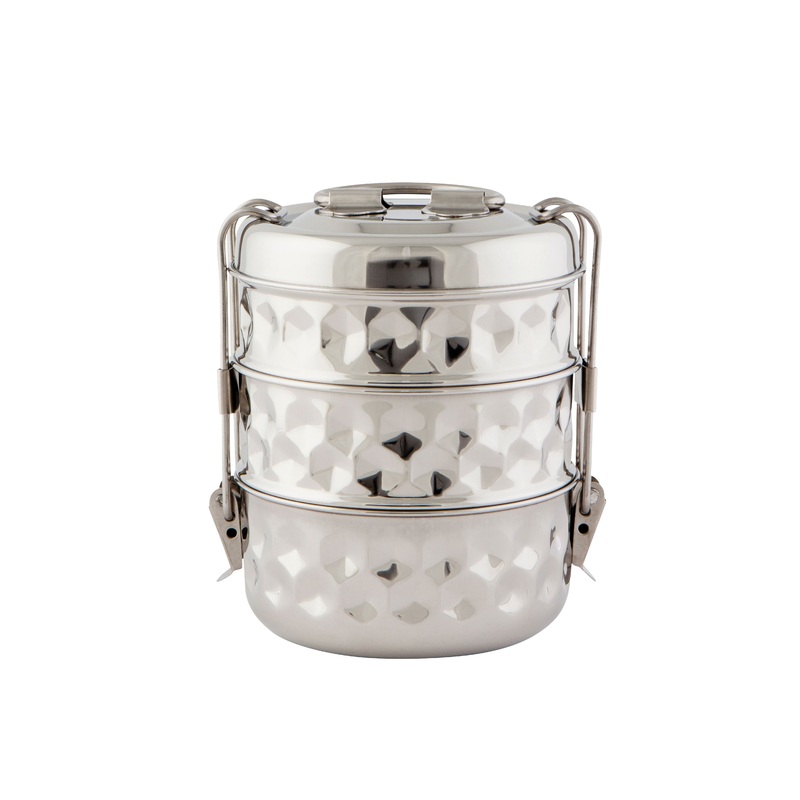 Tiffin 3 Tier Food Container Stainless Steel Hammered Hexagon 5Dx6H