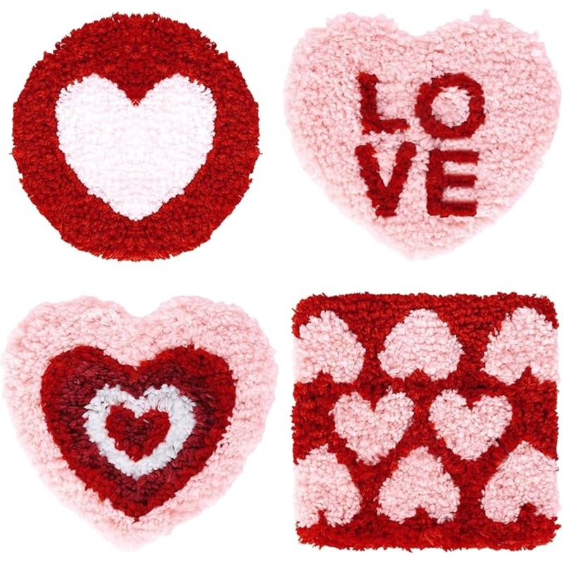 4Pcs Valentine’s Day Tufted Coasters Love Heart Drink Coasters Red Pink Valentine Cup Mat Pad for Drinks Car Desk Coffee Table Gift Kitchen Home Accessories