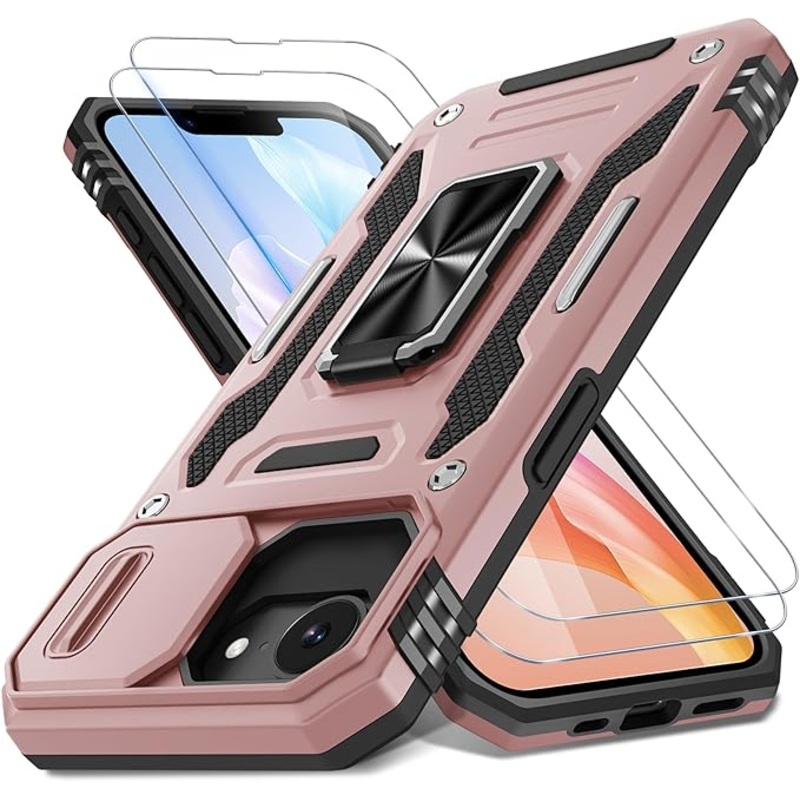 Case for iPhone SE 2025 with Slide Camera Cover+Screen Protector, Rotated Ring Kickstand Military Grade Shockproof Protective Cover for iPhone SE 2025